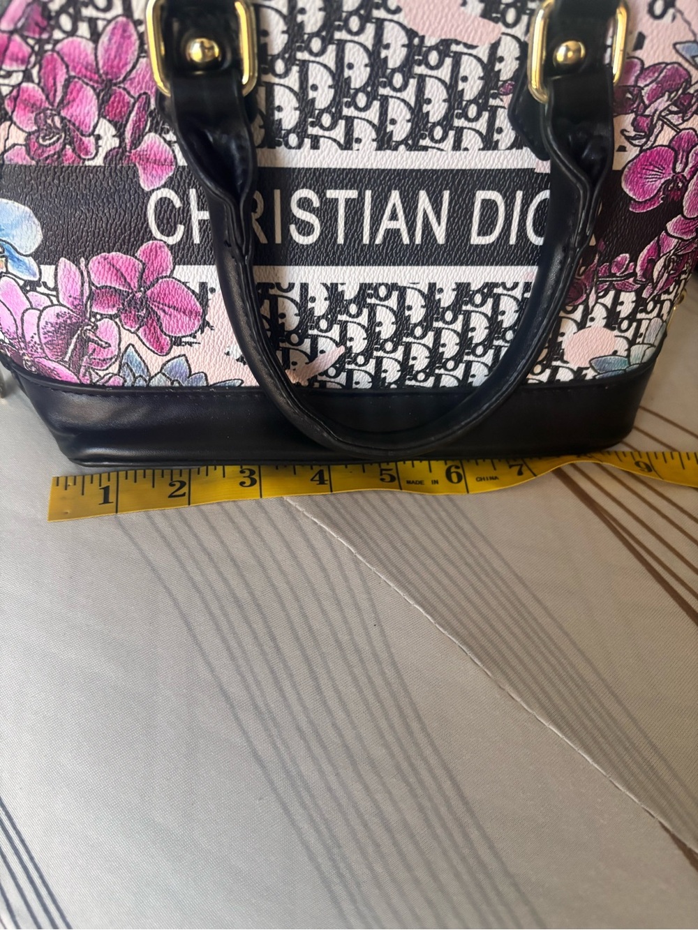 Inspired Dior Black Trim Floral Logo Dome Bag with Pink Accents - Picture 10 of 11